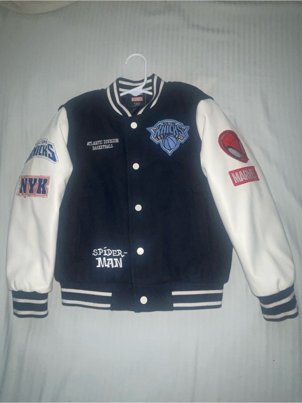Marvel Navy and White NY Knicks Spider-Man Varsity Jacket Kids 5-6Yrs
